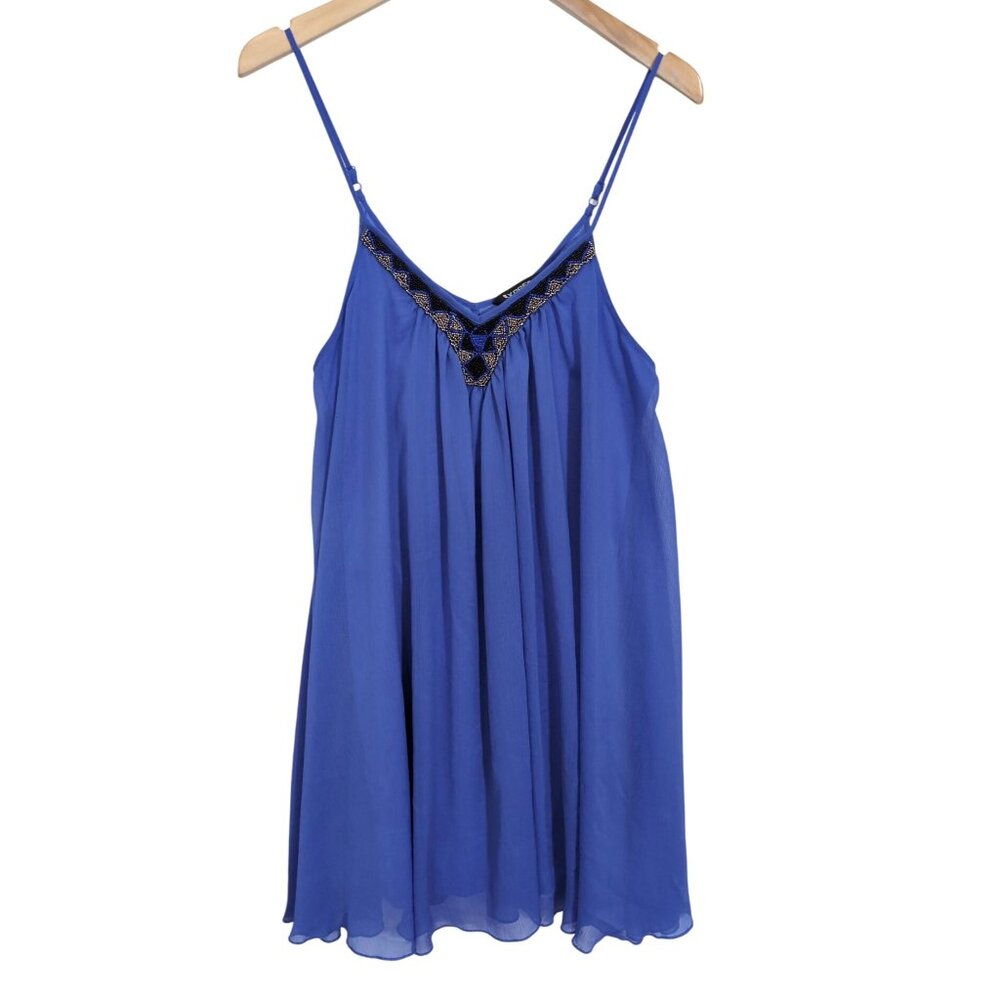 Express Mini Shift Slip Swing Dress Womens L Blue Sheer Overlay Beaded Y2K Flowy